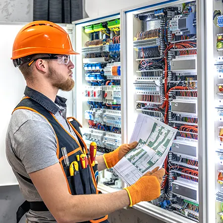 Technician inspecting a solar distribution board