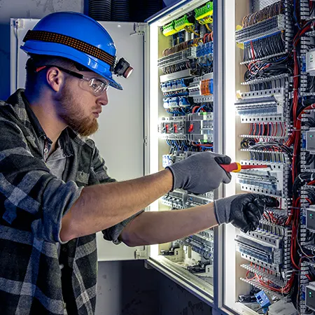 Technician wiring a solar distribution board